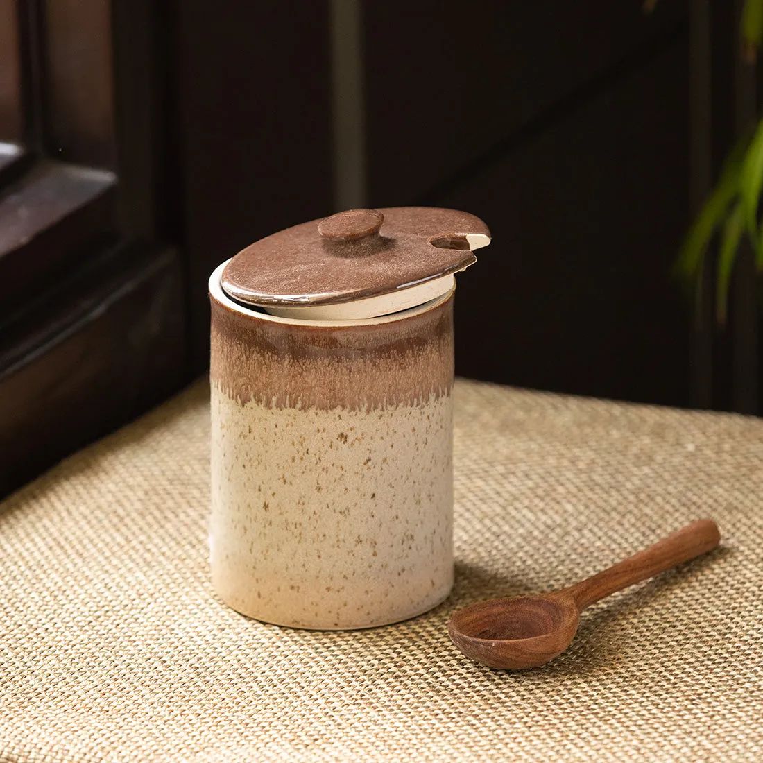 'Refreshing Creams' Studio Pottery Ceramic Pickle & Jam Jar With Spoon